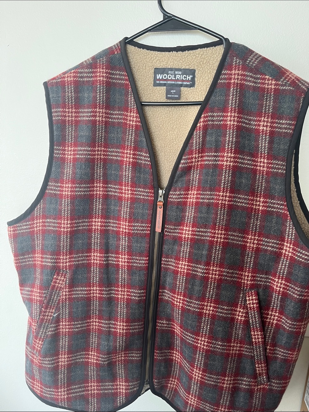 Woolrich Red & Gray Plaid Sherpa-Lined Zip Vest